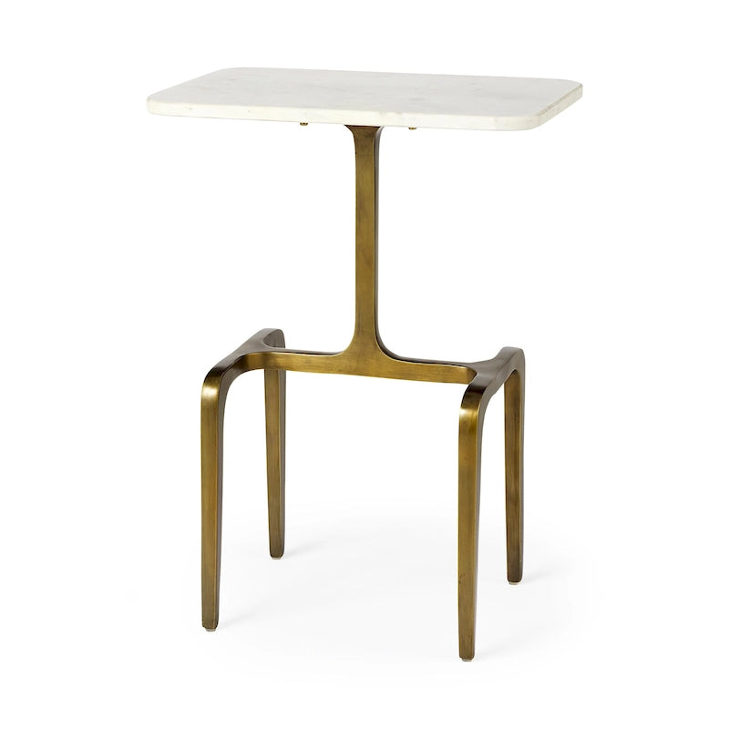 Table d'appoint rectangulaire à plateau en marbre blanc et piètement en métal doré - 17,3 L x 11,3 l x 22,8 H