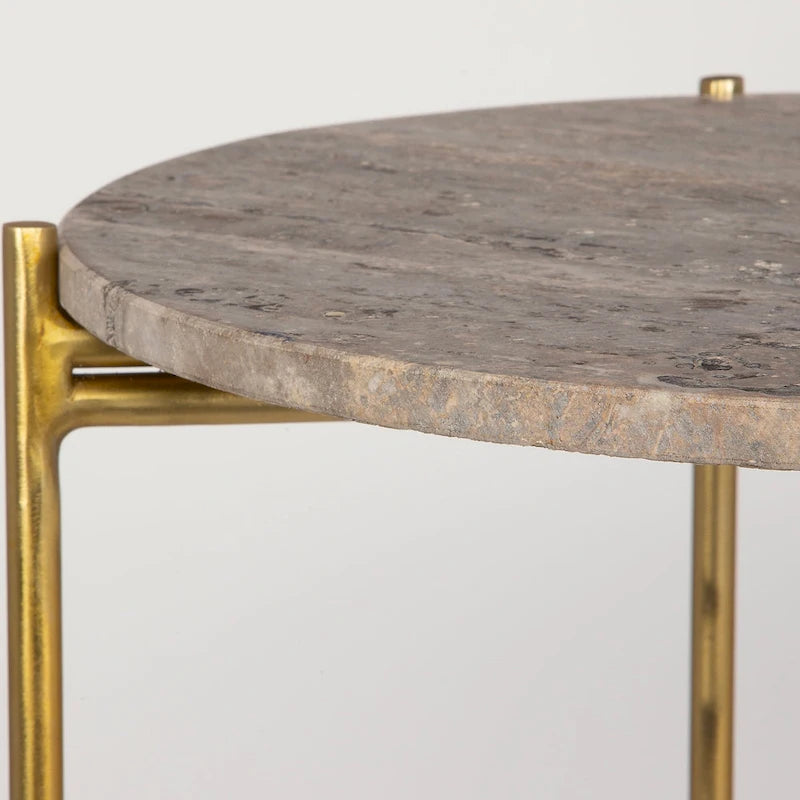 Table d'appoint en fer doré avec plateau en travertin