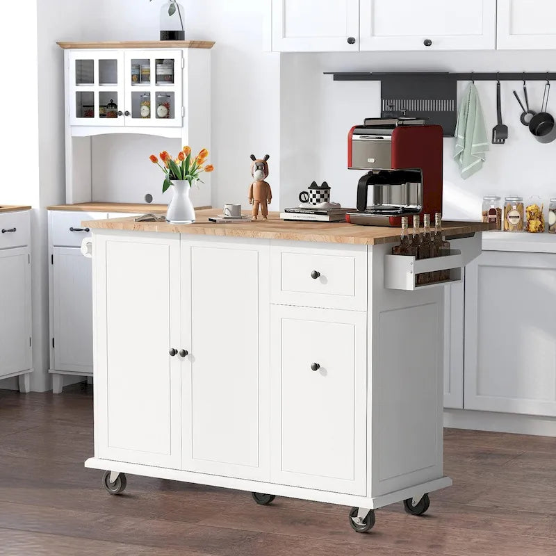 Îlot de Cuisine Mobile en Bois Design et Moderne avec Abattant Rabattable
