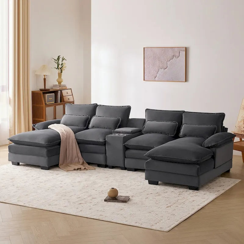 Canapé d'angle en U avec console, porte-gobelets et ports USB, canapé-lit symétrique rembourré 6 places avec méridienne