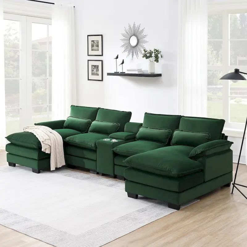 Canapé d'angle en U avec console, porte-gobelets et ports USB, canapé-lit symétrique rembourré 6 places avec méridienne