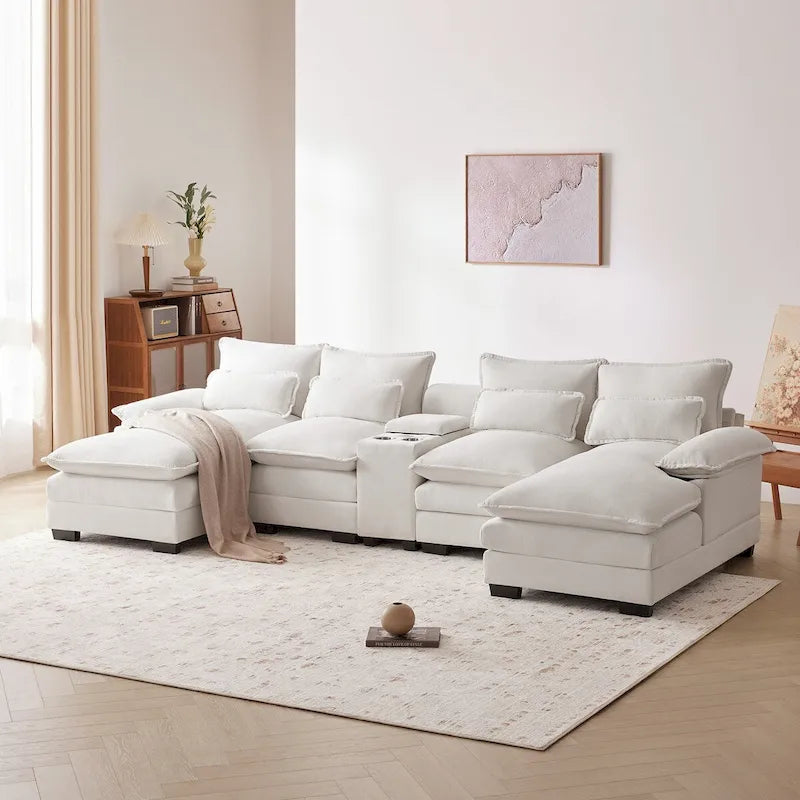 Canapé d'angle en U avec console, porte-gobelets et ports USB, canapé-lit symétrique rembourré 6 places avec méridienne