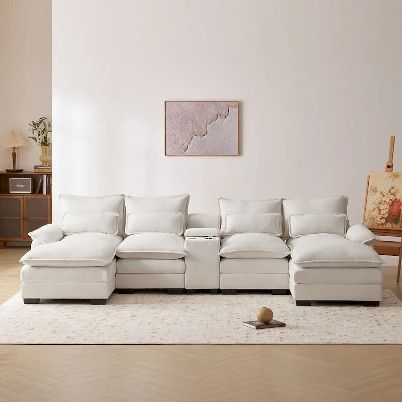 Canapé d'angle en U avec console, porte-gobelets et ports USB, canapé-lit symétrique rembourré 6 places avec méridienne
