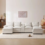 Canapé d'angle en U avec console, porte-gobelets et ports USB, canapé-lit symétrique rembourré 6 places avec méridienne