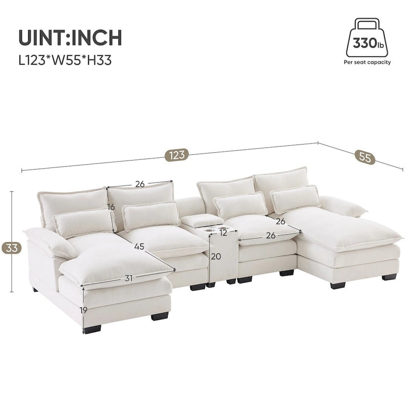 Canapé d'angle en U avec console, porte-gobelets et ports USB, canapé-lit symétrique rembourré 6 places avec méridienne