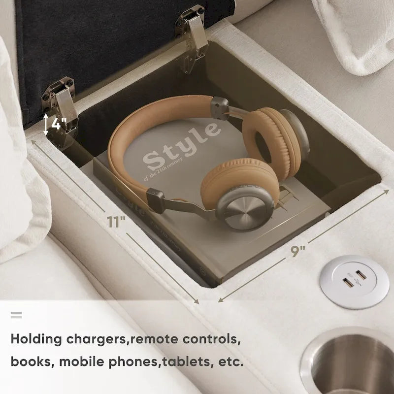 Canapé d'angle en U avec console, porte-gobelets et ports USB, canapé-lit symétrique rembourré 6 places avec méridienne