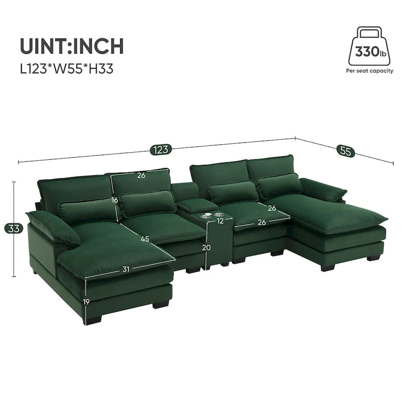Canapé d'angle en U avec console, porte-gobelets et ports USB, canapé-lit symétrique rembourré 6 places avec méridienne