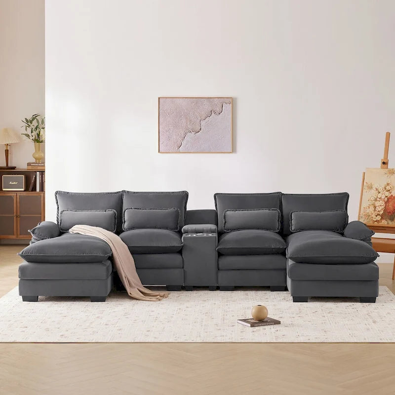 Canapé d'angle en U avec console, porte-gobelets et ports USB, canapé-lit symétrique rembourré 6 places avec méridienne