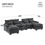 Canapé d'angle en U avec console, porte-gobelets et ports USB, canapé-lit symétrique rembourré 6 places avec méridienne