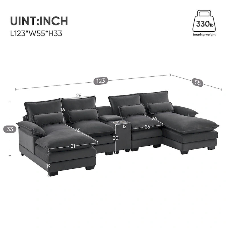 Canapé d'angle en U avec console, porte-gobelets et ports USB, canapé-lit symétrique rembourré 6 places avec méridienne