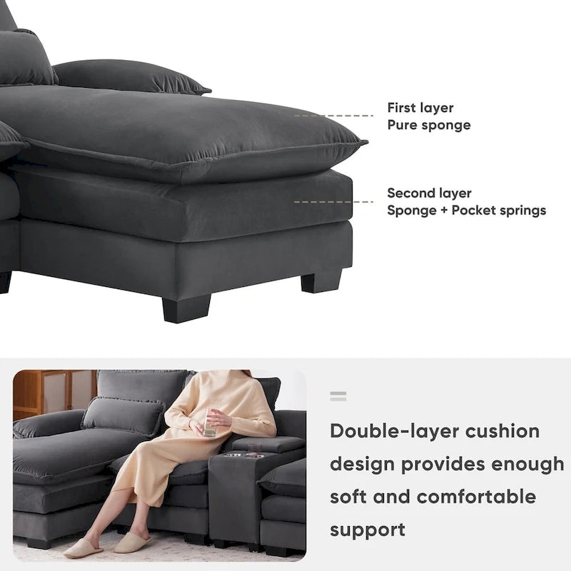 Canapé d'angle en U avec console, porte-gobelets et ports USB, canapé-lit symétrique rembourré 6 places avec méridienne