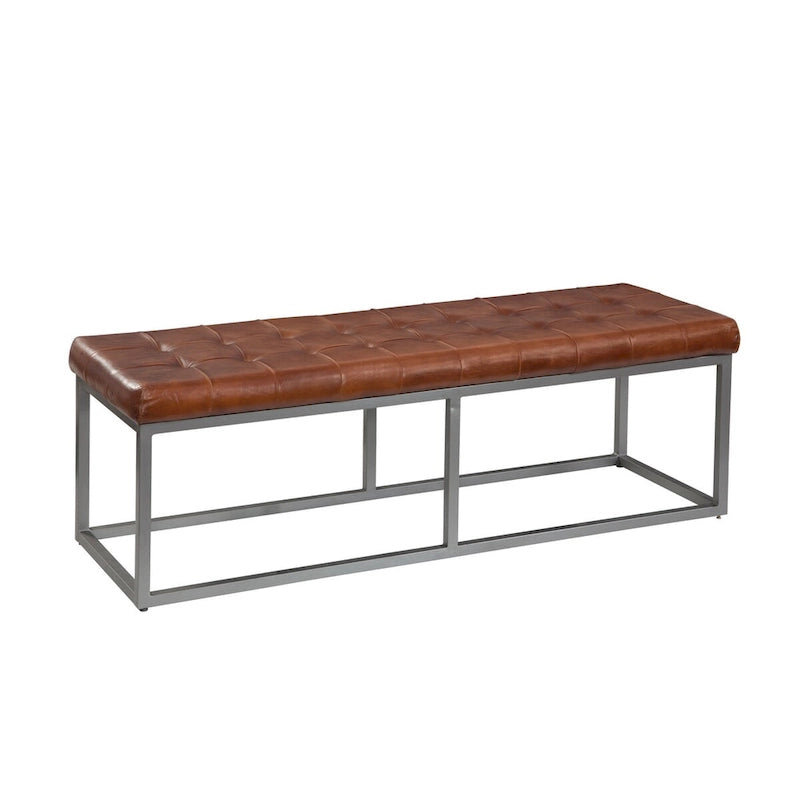 Banc en cuir véritable cannelle et accents métalliques