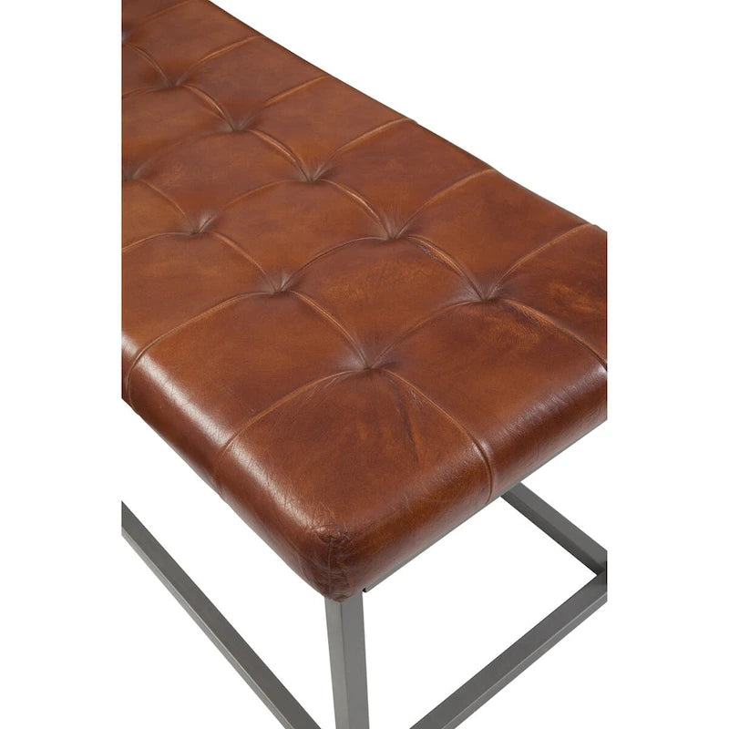 Banc en cuir véritable cannelle et accents métalliques