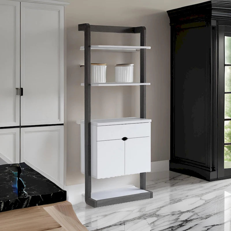 65 Inch Modern Display Cabinet, 4 Shelves, Drawer, Distressed Gray, White