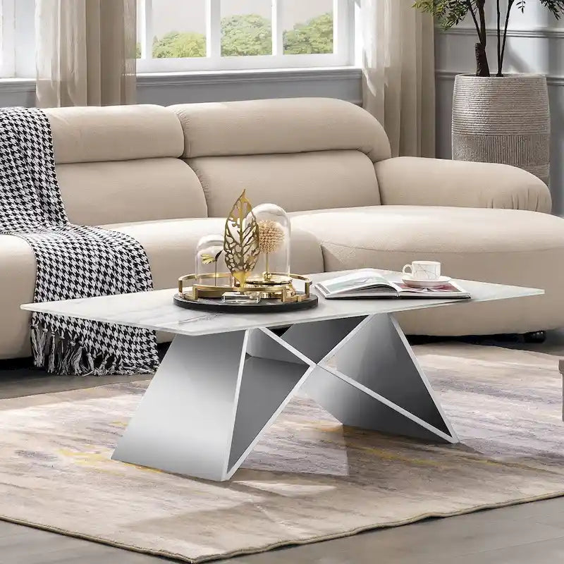 Table basse rectangulaire de luxe de 50 pouces en verre blanc avec base en miroir en forme de M