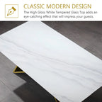 Table basse rectangulaire de luxe de 50 pouces en verre blanc avec base en miroir en forme de M