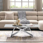 Table basse rectangulaire de luxe de 50 pouces en verre blanc avec base en miroir en forme de M