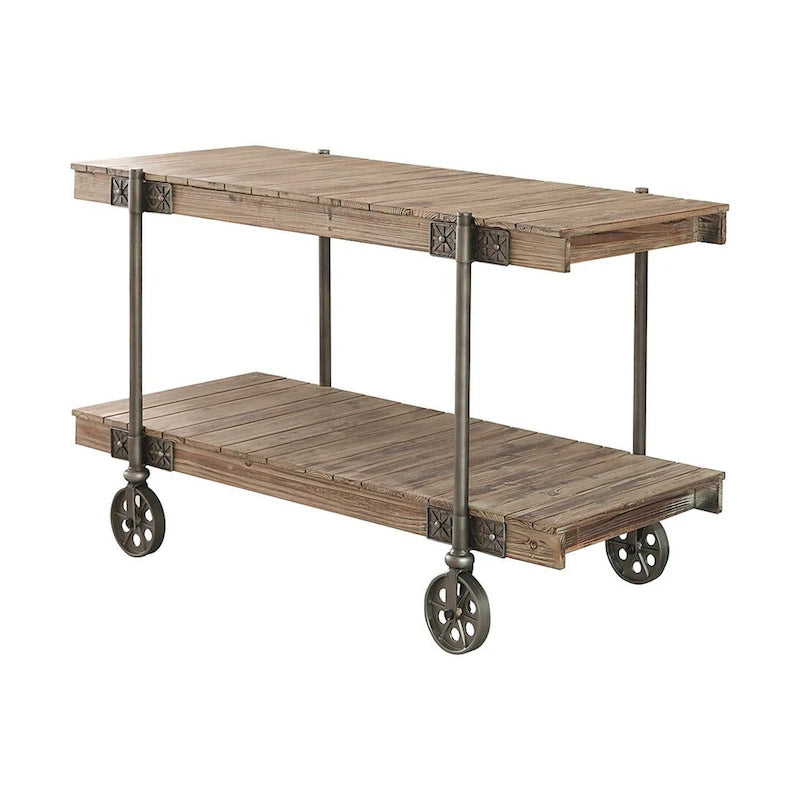Loak 47 Inch Sofa Table, Plank Design, 1 Shelf, Wheels, Brown, Black