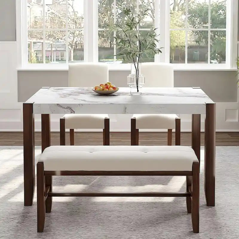 Table de salle à manger avec plateau effet marbre, 2 chaises rembourrées et banc avec pieds en bois