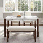 Table de salle à manger avec plateau effet marbre, 2 chaises rembourrées et banc avec pieds en bois