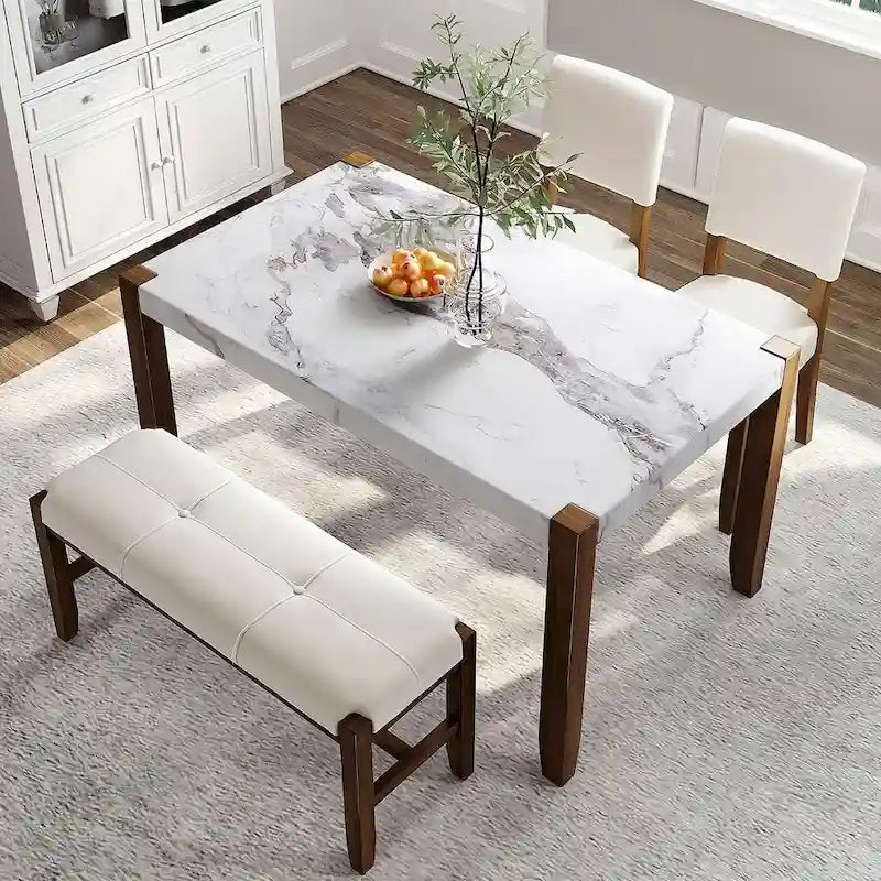 Table de salle à manger avec plateau effet marbre, 2 chaises rembourrées et banc avec pieds en bois
