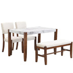Table de salle à manger avec plateau effet marbre, 2 chaises rembourrées et banc avec pieds en bois