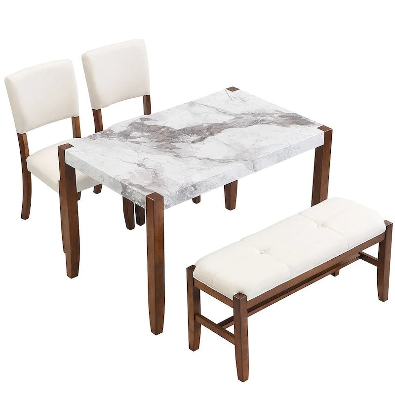 Table de salle à manger avec plateau effet marbre, 2 chaises rembourrées et banc avec pieds en bois