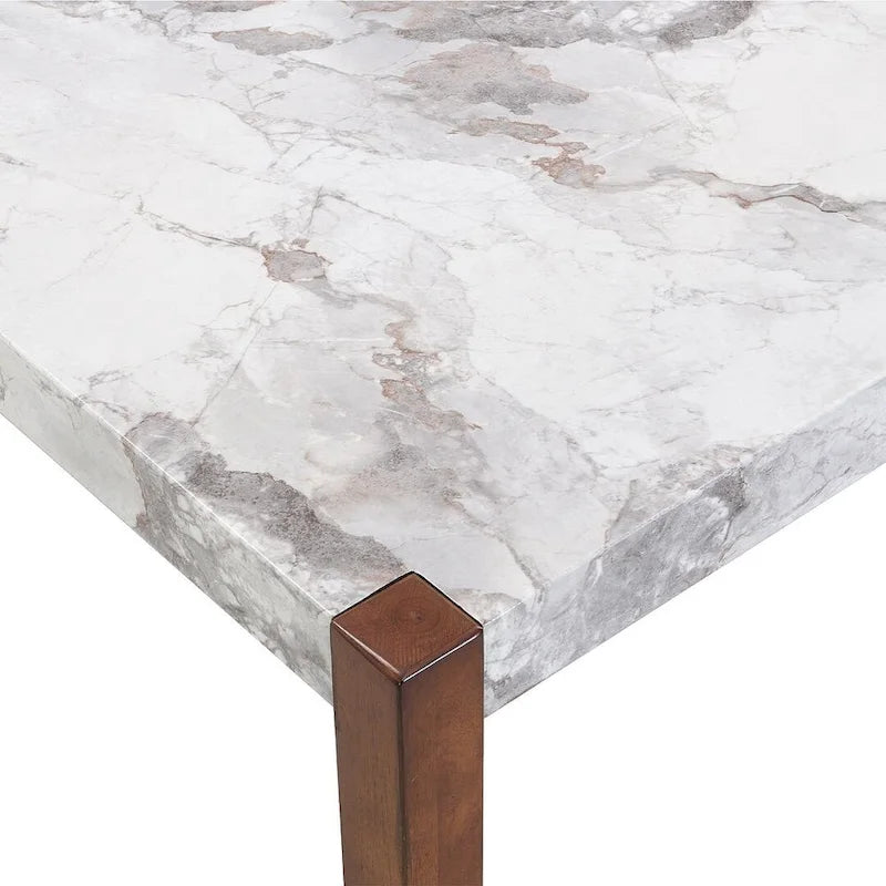Table de salle à manger avec plateau effet marbre, 2 chaises rembourrées et banc avec pieds en bois