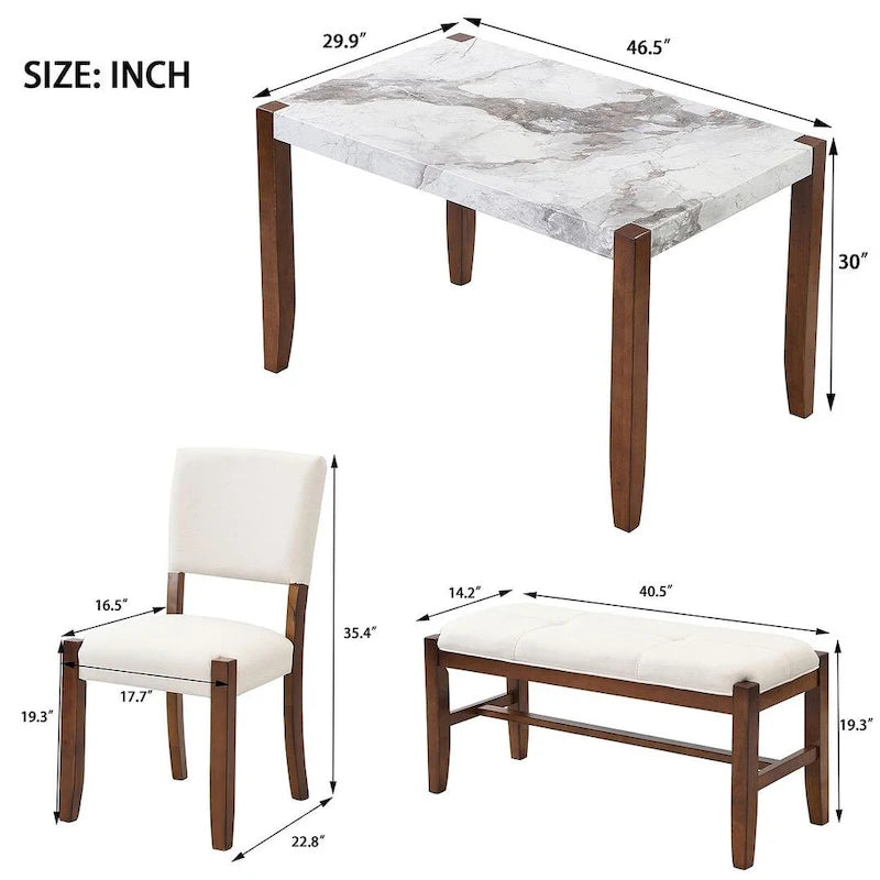 Table de salle à manger avec plateau effet marbre, 2 chaises rembourrées et banc avec pieds en bois