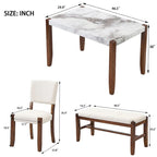 Table de salle à manger avec plateau effet marbre, 2 chaises rembourrées et banc avec pieds en bois