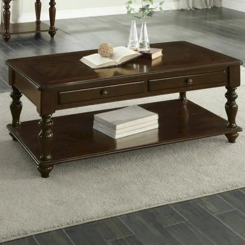 2 Drawer Wooden Cocktail Table With Bottom Shelf, Dark Espresso Brown