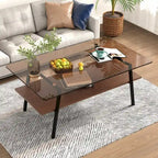 Table basse rectangulaire, plateau en verre trempé avec pieds en métal noir, table moderne pour salon