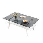 Table basse rectangulaire, plateau en verre trempé avec pieds en métal noir, table moderne pour salon