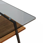 Table basse rectangulaire, plateau en verre trempé avec pieds en métal noir, table moderne pour salon