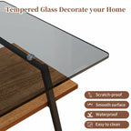 Table basse rectangulaire, plateau en verre trempé avec pieds en métal noir, table moderne pour salon