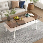 Table basse rectangulaire, plateau en verre trempé avec pieds en métal noir, table moderne pour salon