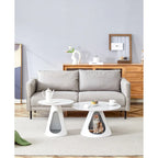 Table basse ronde avec plateau effet marbre, base en acier et lit pour chat