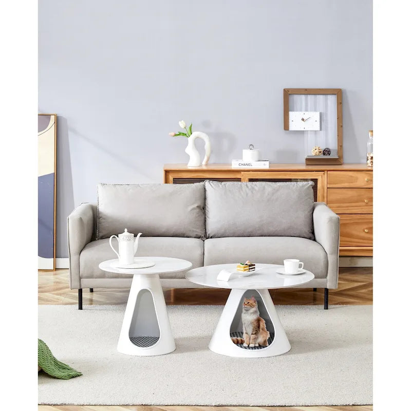 Table basse ronde avec plateau effet marbre, base en acier et lit pour chat