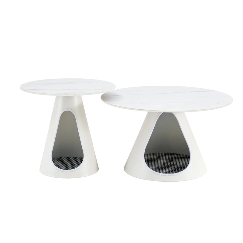 Table basse ronde avec plateau effet marbre, base en acier et lit pour chat