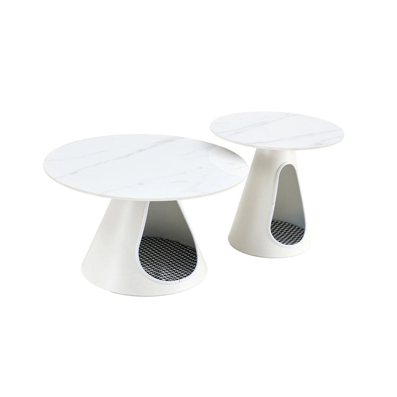 Table basse ronde avec plateau effet marbre, base en acier et lit pour chat