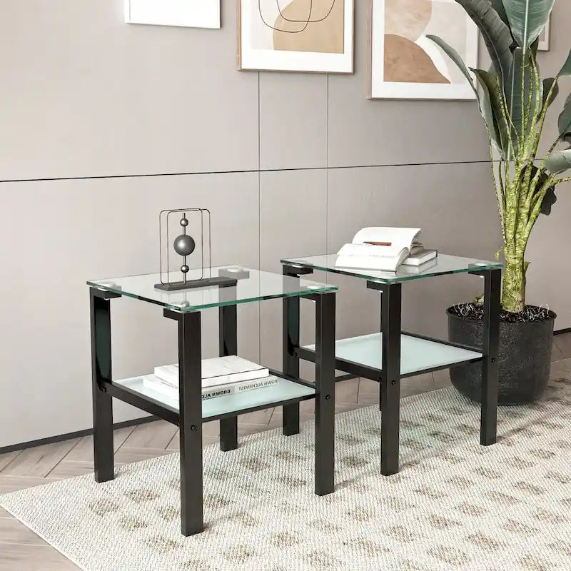 Table à thé en verre à deux niveaux, Petite table ronde, Table de chevet, Table d'appoint de salon
