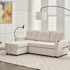 Linen Sleeper Sofa with Push-out Sofa Bed, Extra Storage Space, Phone Holder & USB Charger