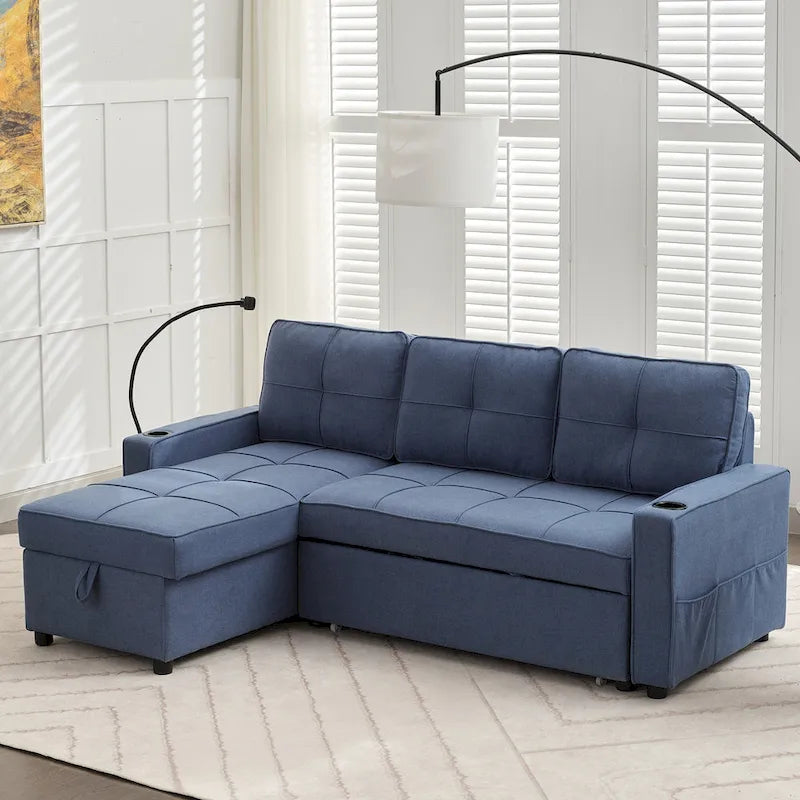 Canapé-lit en lin avec lit gigogne, espace de rangement supplémentaire, support de téléphone et chargeur USB