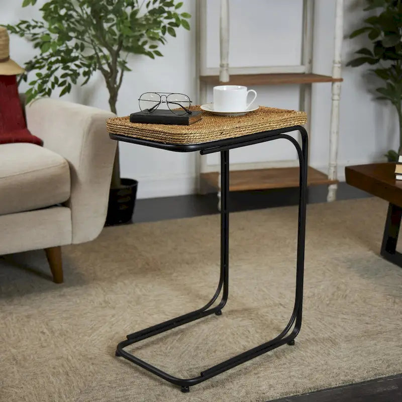 Table d'appoint en spirale faite à la main en plantes séchées avec pieds en métal noir - Marron