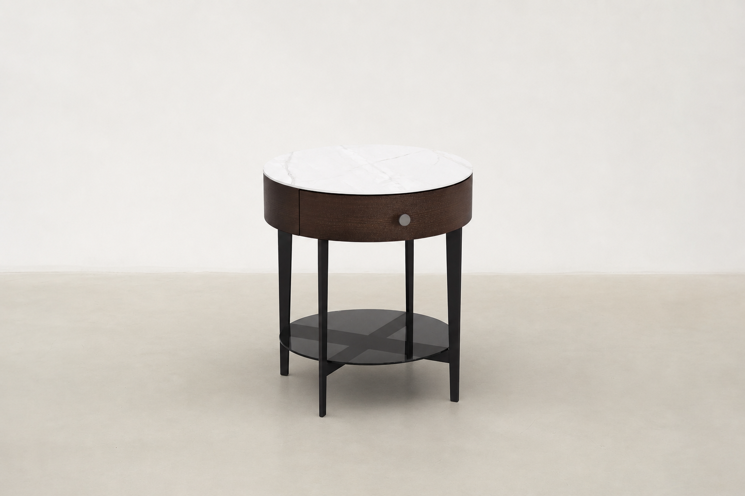 Sintered Stone & Smoked Veneer Nightstand with Soft-Close Drawer & Glass Shelf for Bedroom