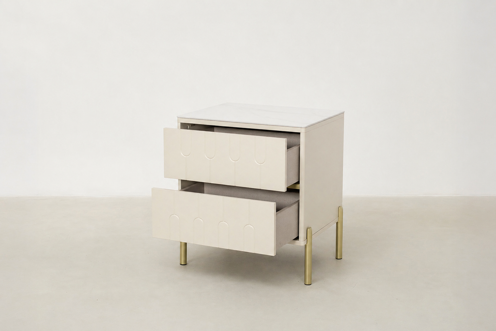 Modern Cream Nightstand with Arched Drawers & Brushed Gold Legs for Bedroom