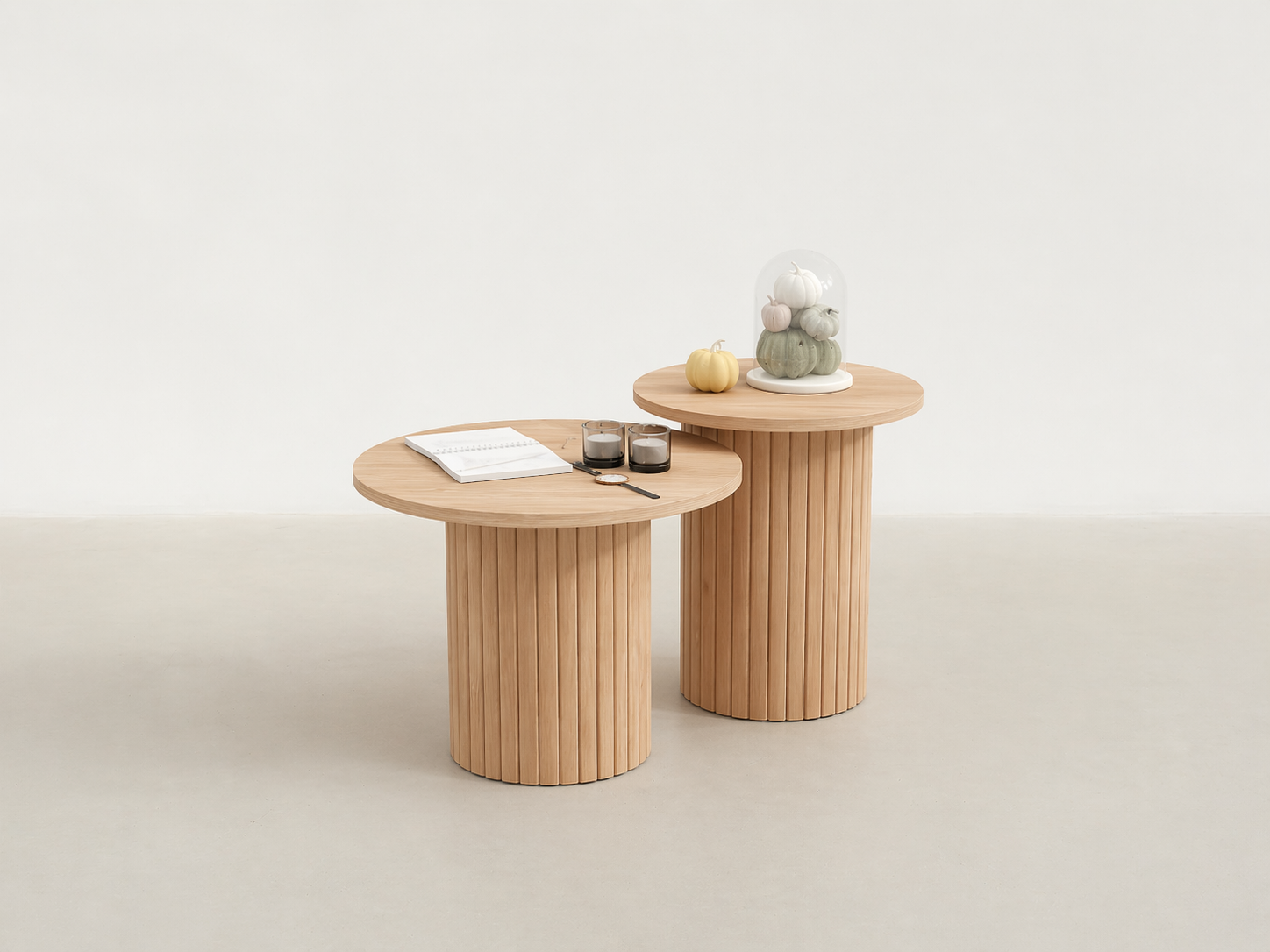 Fluted Base Round Coffee Table with Sculptural Calm Form for Living Room