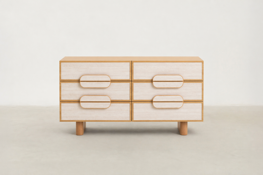 Oak Veneer Sideboard with Travertine Drawer Fronts for Living & Dining Room
