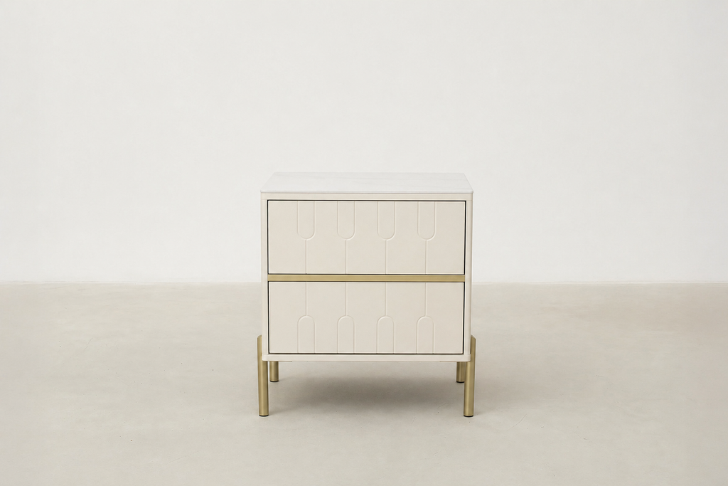 Modern Cream Nightstand with Arched Drawers & Brushed Gold Legs for Bedroom
