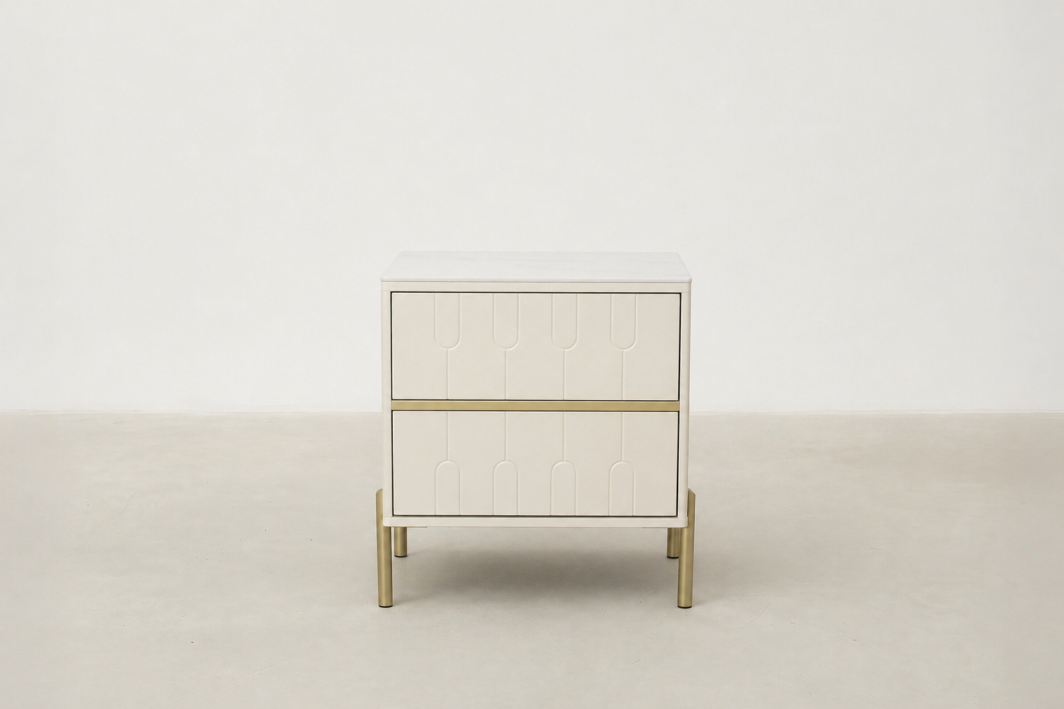 Modern Cream Nightstand with Arched Drawers & Brushed Gold Legs for Bedroom